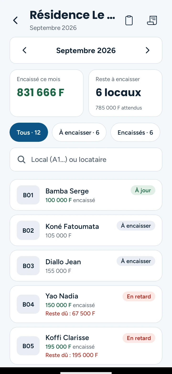 Tournée de l’agent dans l’application, avec ce qui reste à encaisser.