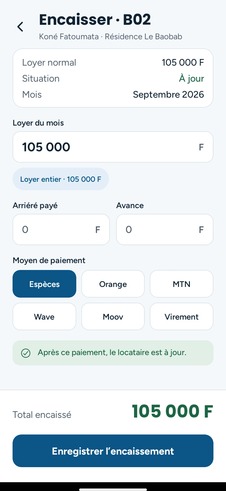 Encaissement d’un loyer sur le téléphone : loyer du mois, arriéré payé, avance et moyen de paiement.