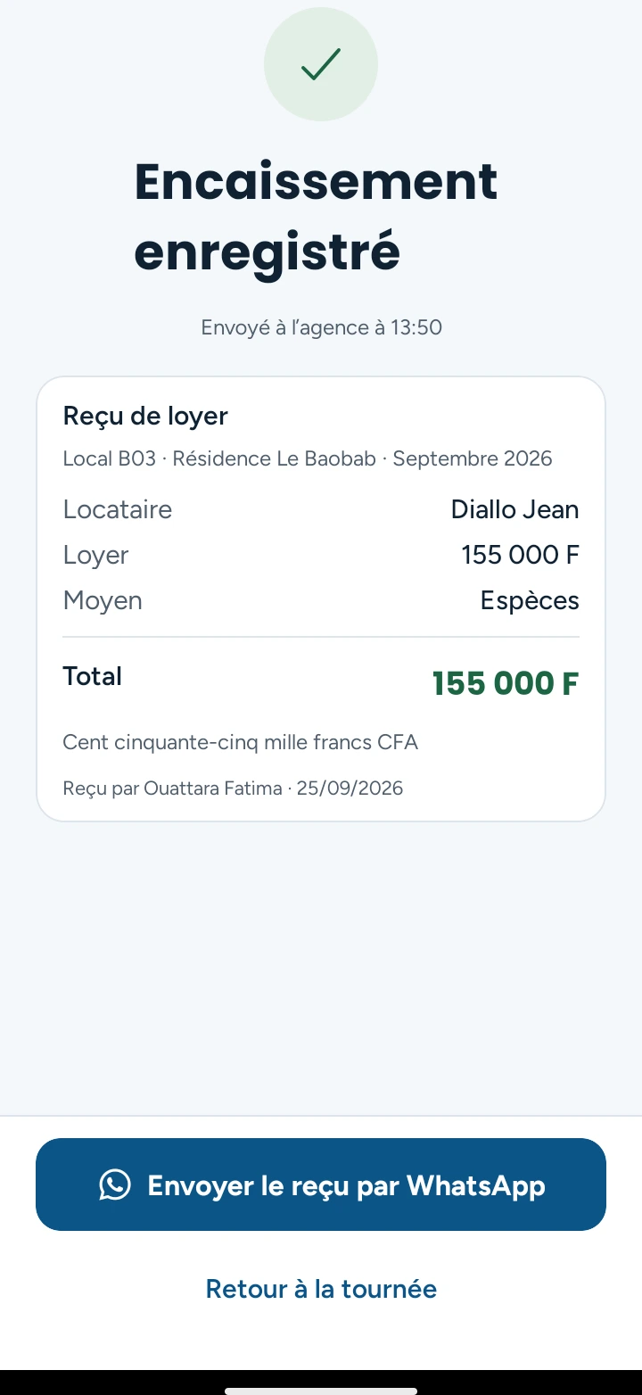 Reçu de l’encaissement : numéro, montant en lettres, reste dû et envoi au locataire sur WhatsApp.