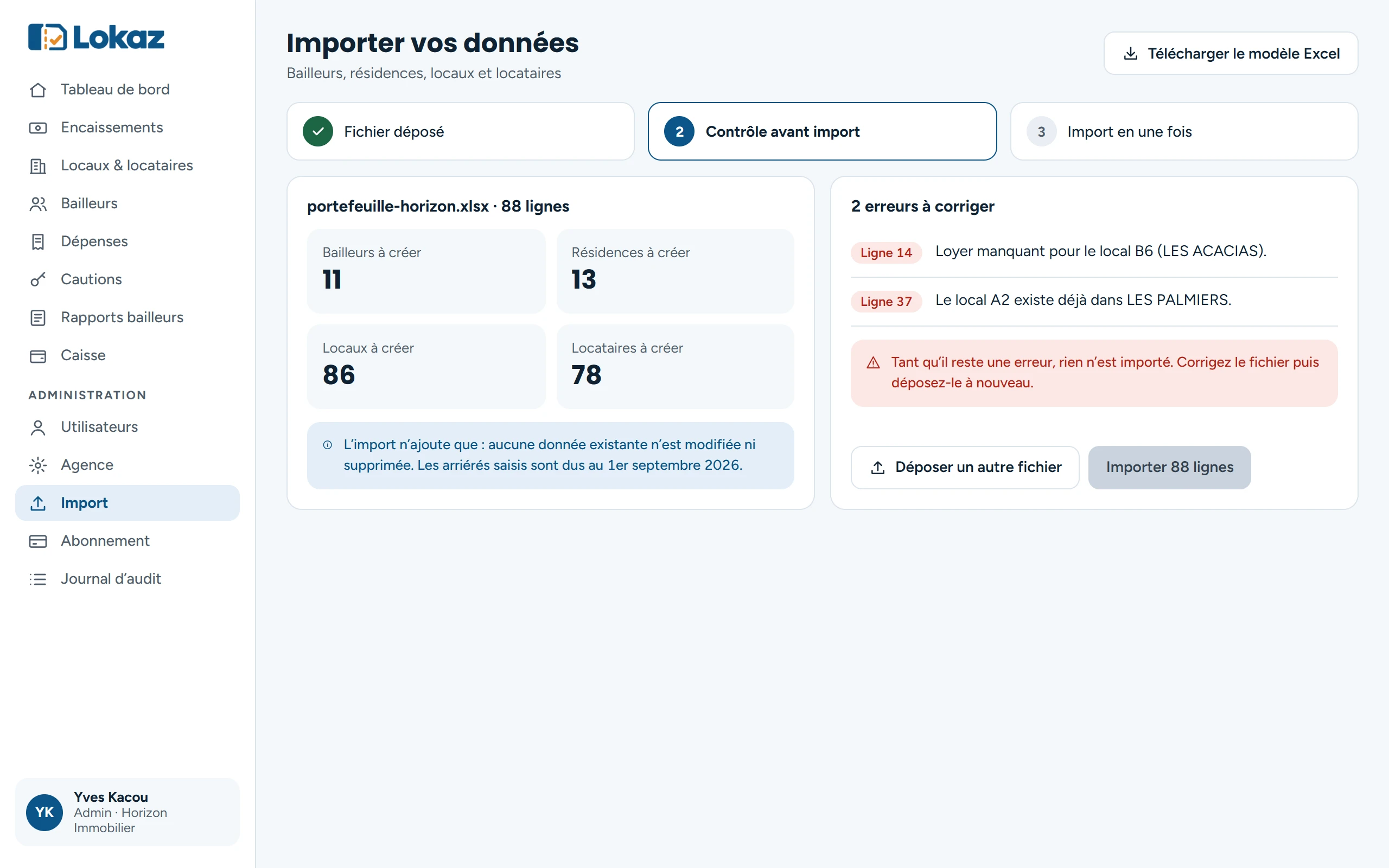 Écran d’import : ce qui sera créé, et les erreurs listées ligne par ligne avant écriture.
