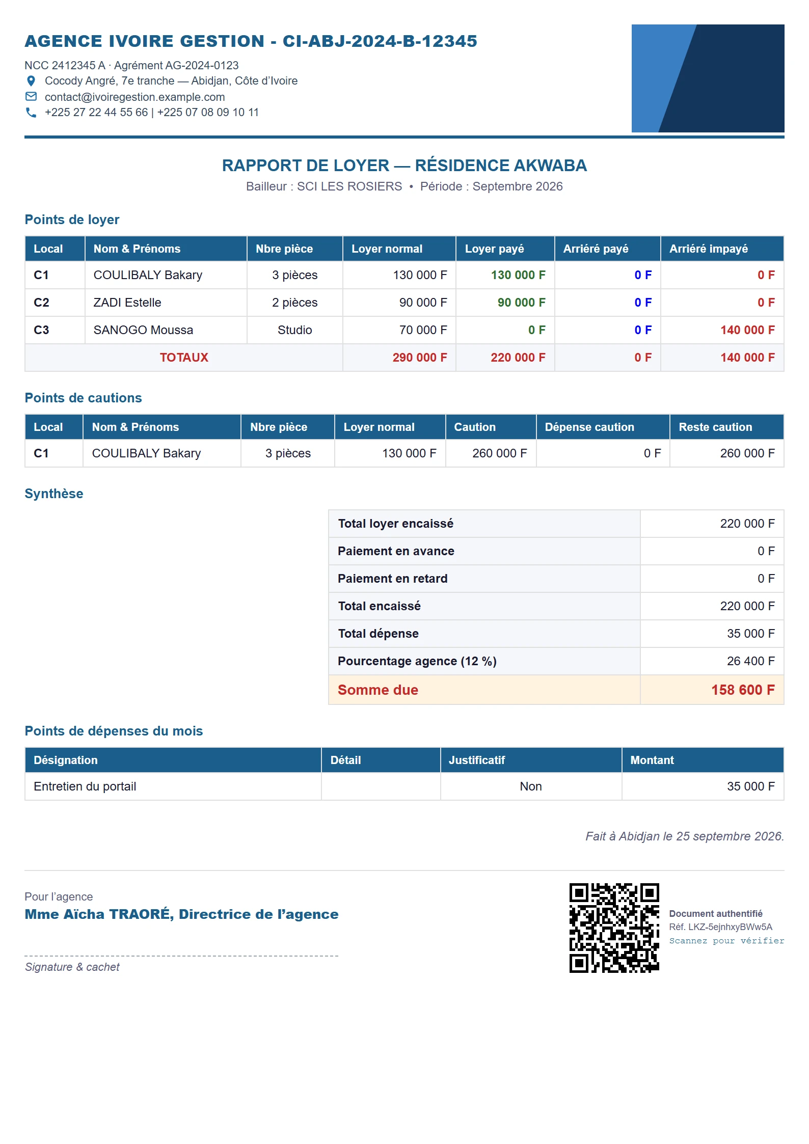 Rapport bailleur à l’écran : points de loyer, synthèse, somme due et QR code de vérification.