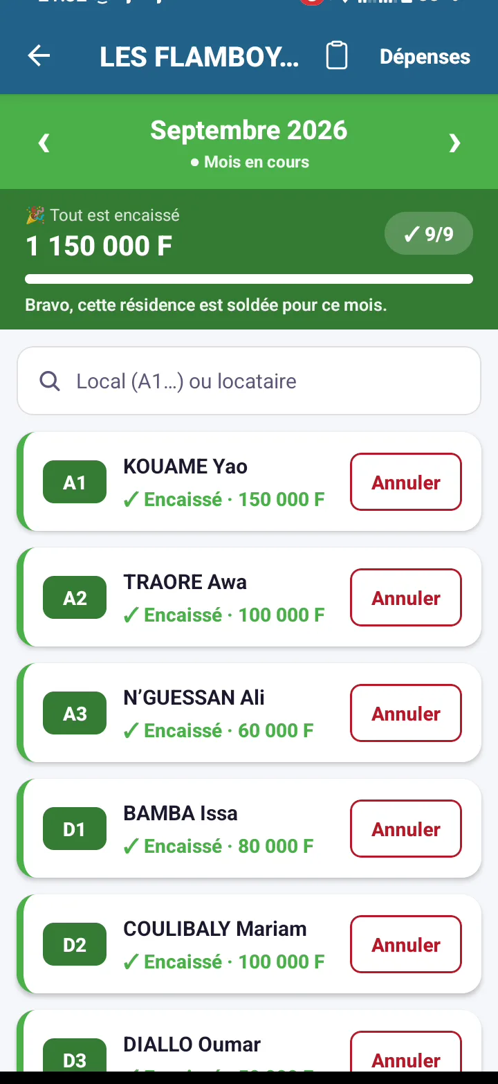 Fin de tournée : « Tout est encaissé, 1 150 000 F, 9 locaux sur 9 — Bravo, cette résidence est soldée pour ce mois ».